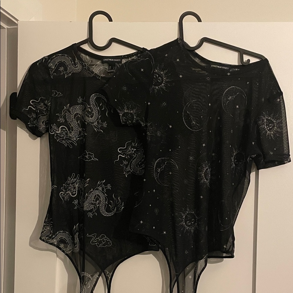 Streetwear Society Black Sheer Mesh Bodysuit Duo with Dragon & Celestial Prints